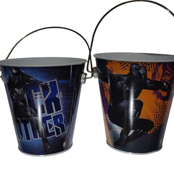 Lot of 2 Marvel Black Panther Metal Buckets 4.5"H x 4.375"D Top x 2.75"D Bottom - Picture 1 of 5